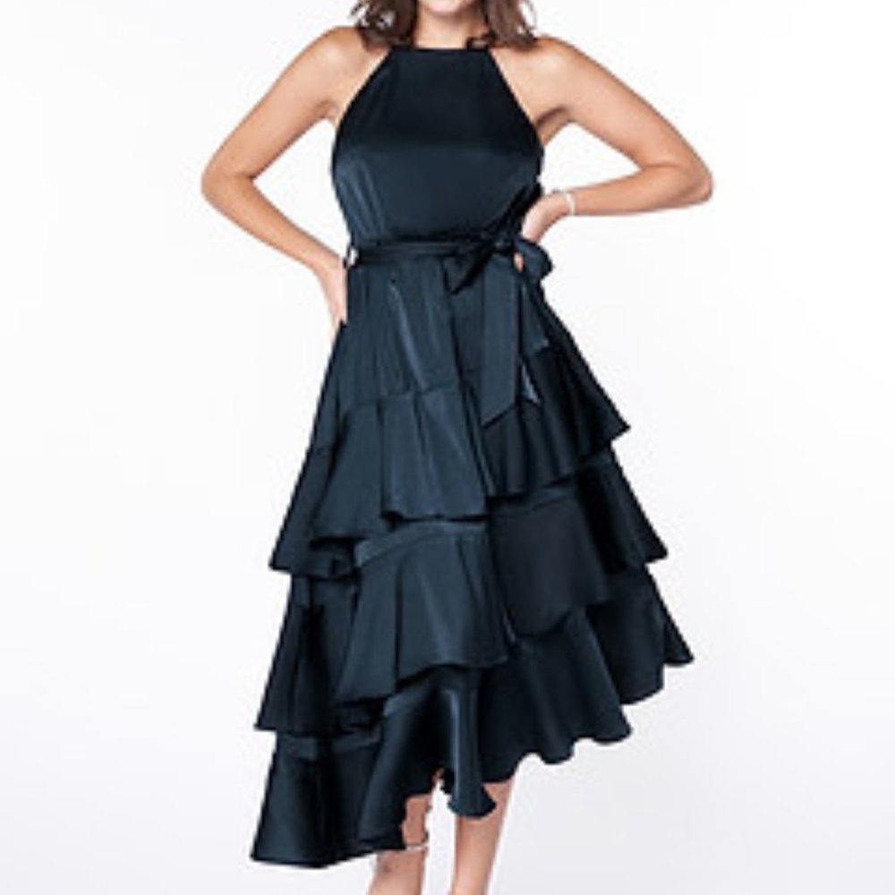 NWT Luxedo Stunning Halter NeckTiered Midi Navy Special Event Dress XS